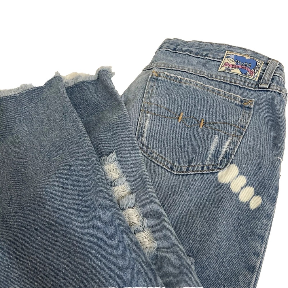 MUDD Jeans Womens‎ Size 31 Blue Distressed Skinny Flex Stretch , Raw Cropped